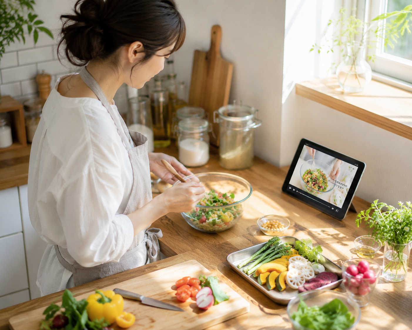 タブレットを見ながら自宅の台所で学ぶイメージ